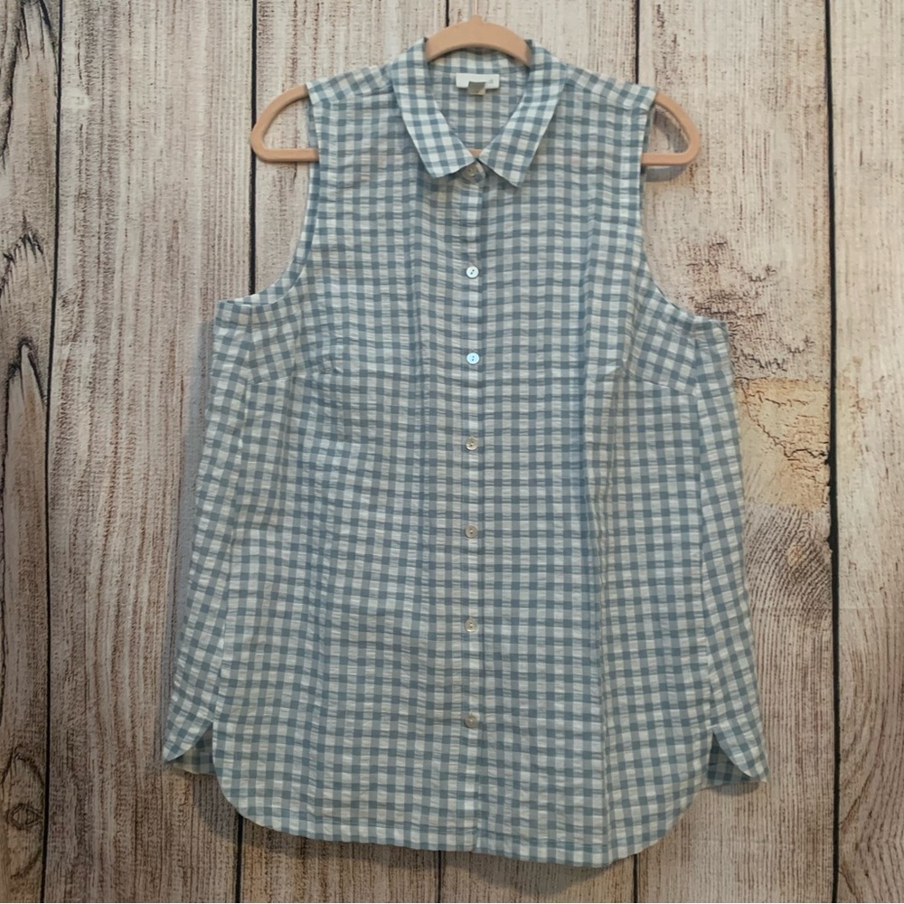 J Jill J.Jill Large Plaid cotton Linen Blend top shirt button Up tunic Sea Foam